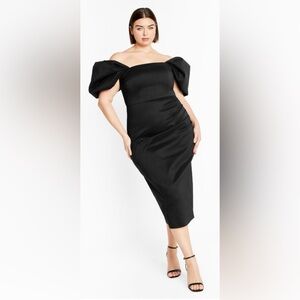 City Chic Black One Shoulder Puff Sleeve Midi Dress